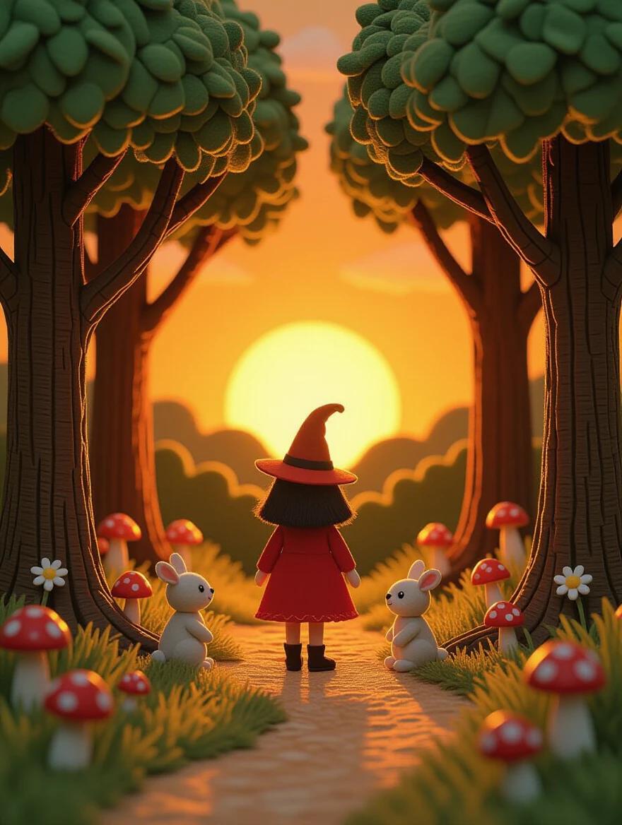 A whimsical enchanted forest in stop-motion style with twisted paper mache trees and giant felt mushrooms. A small witch in a fabric cloak and pointed hat watches a reddish-orange sunset in the background. Fairy lights twinkle between branches. Textures of wool foam and stitched fabrics are visible.