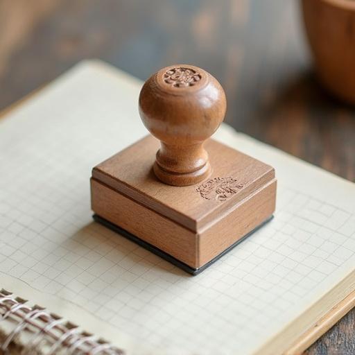 A wooden stamp on a notebook. The stamp is placed on a grid paper page of the notebook. The scene has a warm aesthetic.