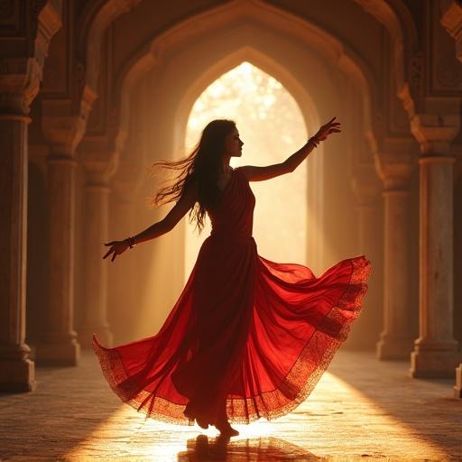 Dancer in a flowing red dress in a historic palace. Soft warm light creates a magical atmosphere. Focus on the silhouette of the dancer. 16th century architecture enhances the beauty.