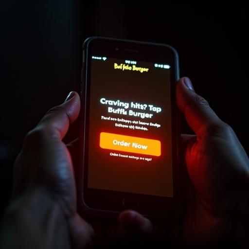 A phone screen glows in the dark. Buffalo Burger app is open. An orange button says 'Order Now.' Text indicates cravings and fast delivery options.