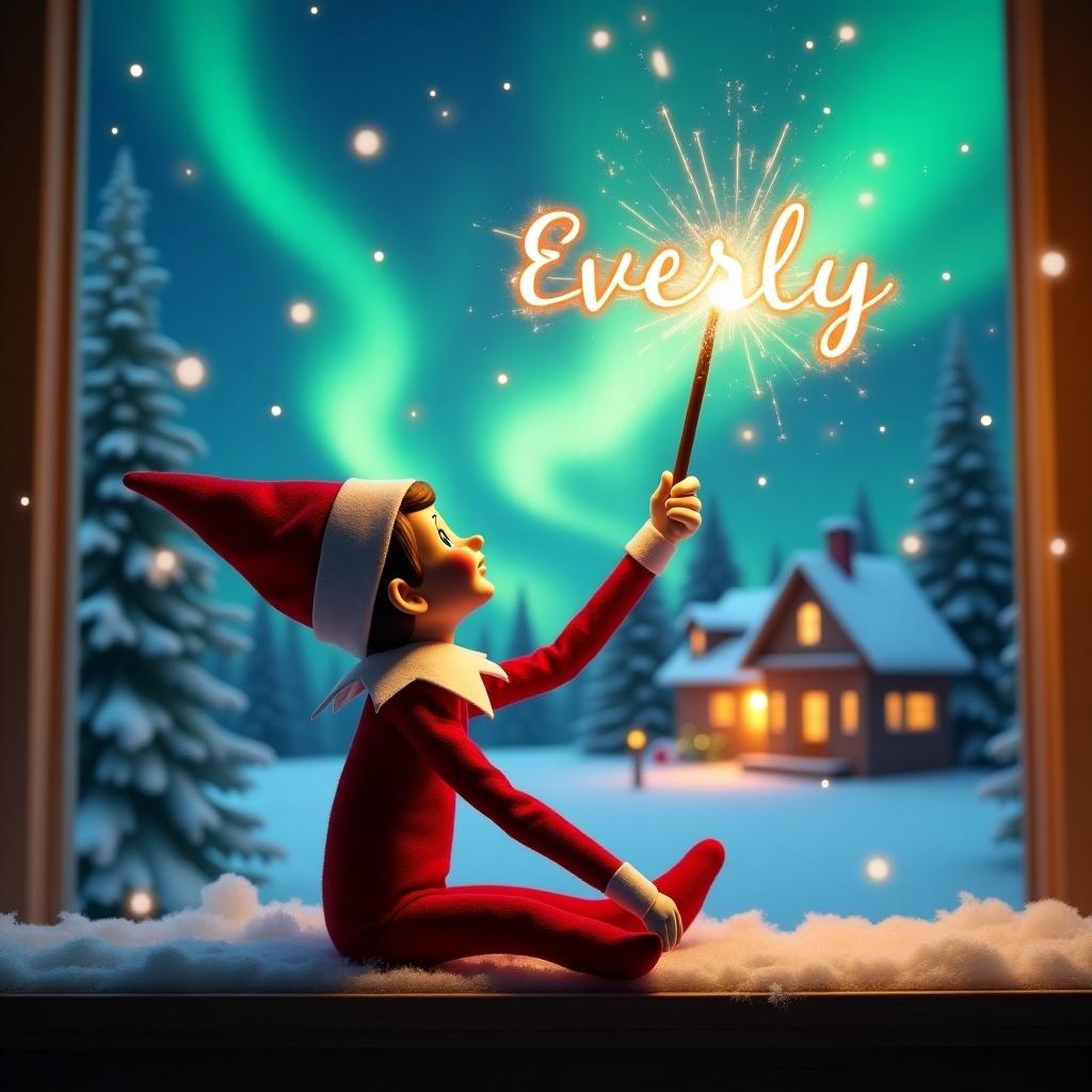 An elf on the shelf sits with its back to the viewer, gazing skyward. It holds a glowing wand that emits sparkling light. The background showcases a charming Christmas scene with colorful northern lights swirling above. In the distance, a cozy house can be seen, decorated for the holidays. Snow covers the ground, adding to the winter atmosphere. The elf is in a playful position, embodying the spirit of magic and wonder associated with Christmas. The name 'Everly' is written in the air using the wand, creating a sense of holiday cheer.