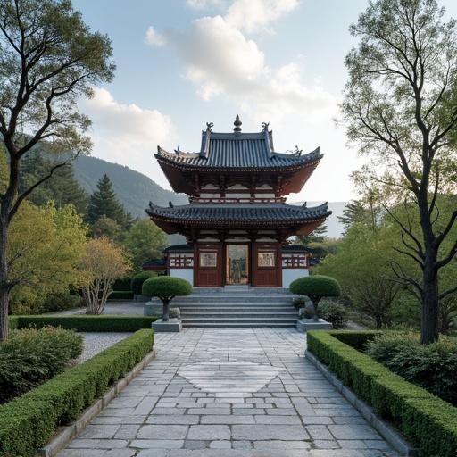 Templo Jogyesa ubicado en Seúl. Templo budista en un entorno natural. Jardines bien cuidados, árboles, cielo despejado. Entrada con camino de piedra.