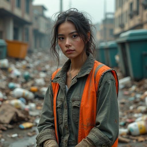 A woman manages garbage in a ruined urban area. She stands near piles of waste. Her work gear includes reused materials. Gloves and a reflective vest show wear. Skin shows dirt and smudges. Her eyes reflect tiredness and dignity. The background features dumpsters and cracked pavement. The lighting is soft and natural, enhancing the cinematic mood.