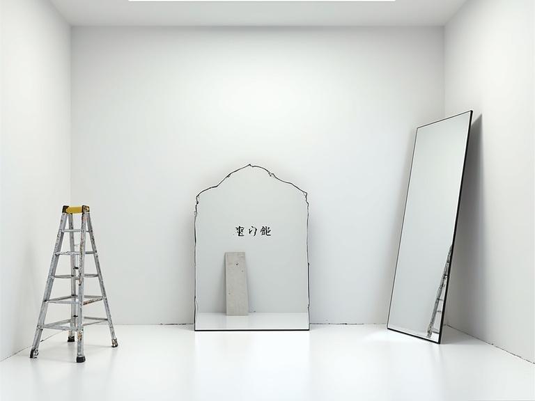 A spacious white room features mirrored walls. A broken mirror shows cracks. A painting ladder stands in the center of the room. Japanese characters adorn the wall.