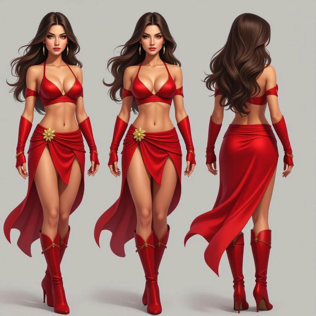 3D action video game character design. Beautiful woman with flowing hair. Red outfit featuring a crop top, high slit skirt, and high-heeled boots.