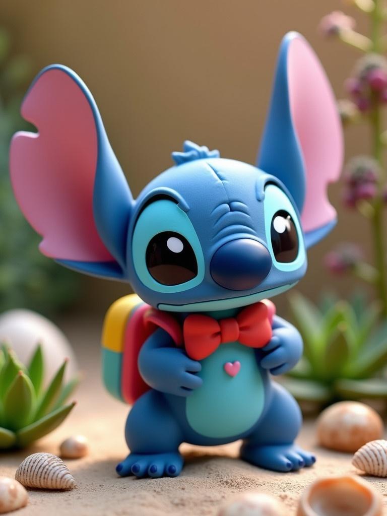 A cute character closely resembling Stitch from Disney is depicted. The character is blue with large ears and wears a red bow tie. It stands among colorful plants and seashells. The setting is bright and cheerful. Soft lighting enhances the warm appearance of the scene. The character has a colorful backpack with a heart symbol.