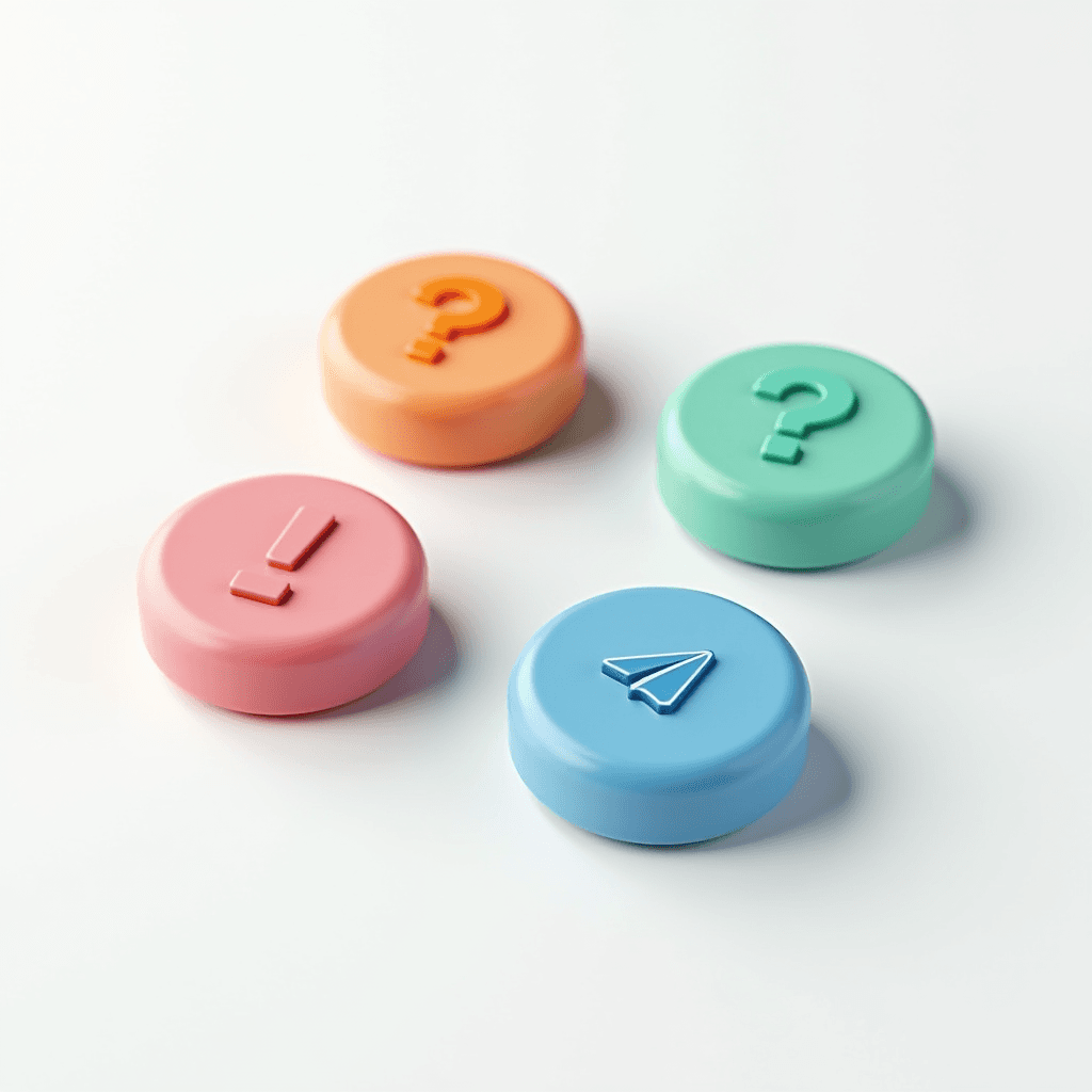 Four multicolored round buttons with various symbols on a white background.