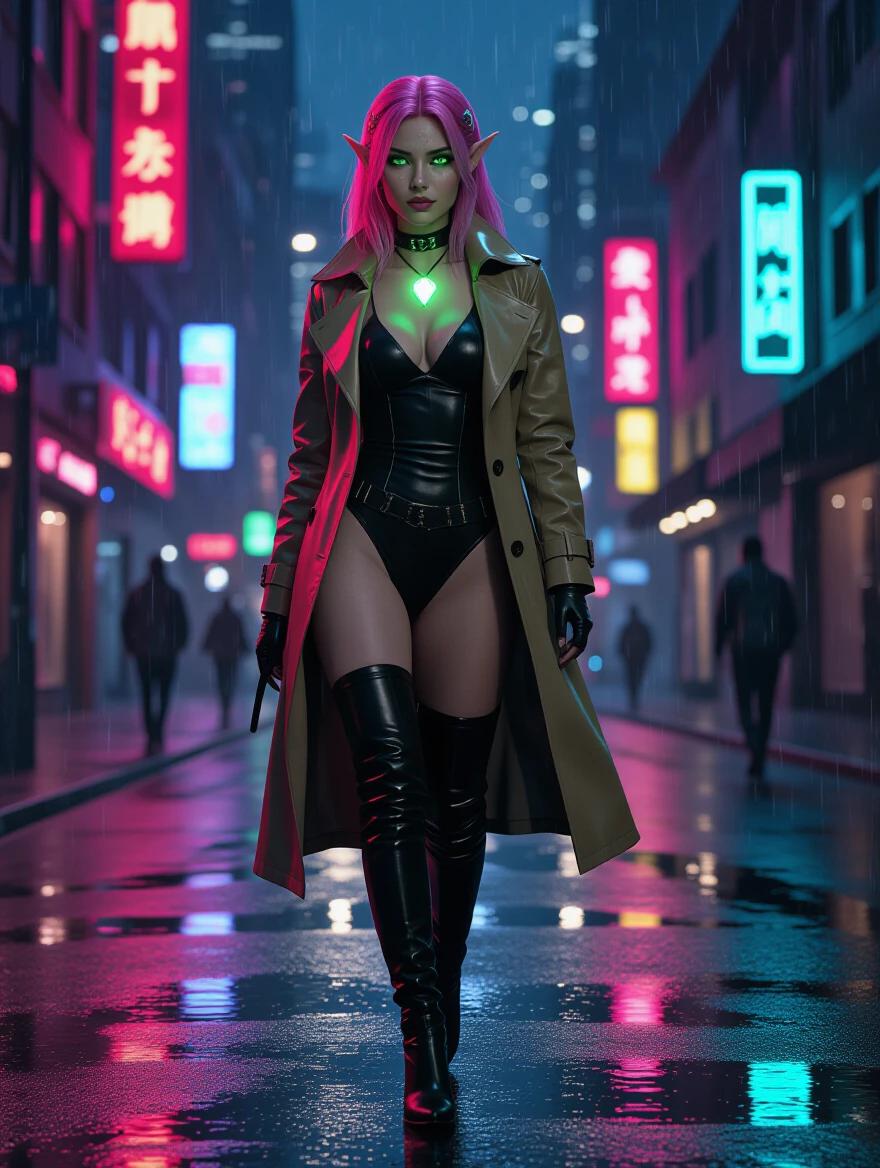 A pink-haired elf woman walks down a rainy city street at night. She wears a trench coat over a black bodysuit and thigh-high boots. Her collar is made of leather with a glowing pendant. Neon signs shine in the dark. Her green eyes shimmer and her confident stride attracts attention. Reflections dance on the wet pavement, complementing her silhouette.
