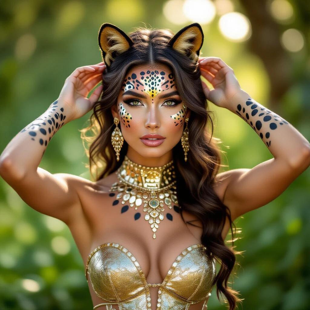 Model with leopard face paint and leopard ears stands confidently outdoors. Shimmering gold bodice accentuates her form. Arms and shoulders painted with leopard spots. Soft light filters through greenery. Strong and graceful narrative celebrating femininity and wild spirit.