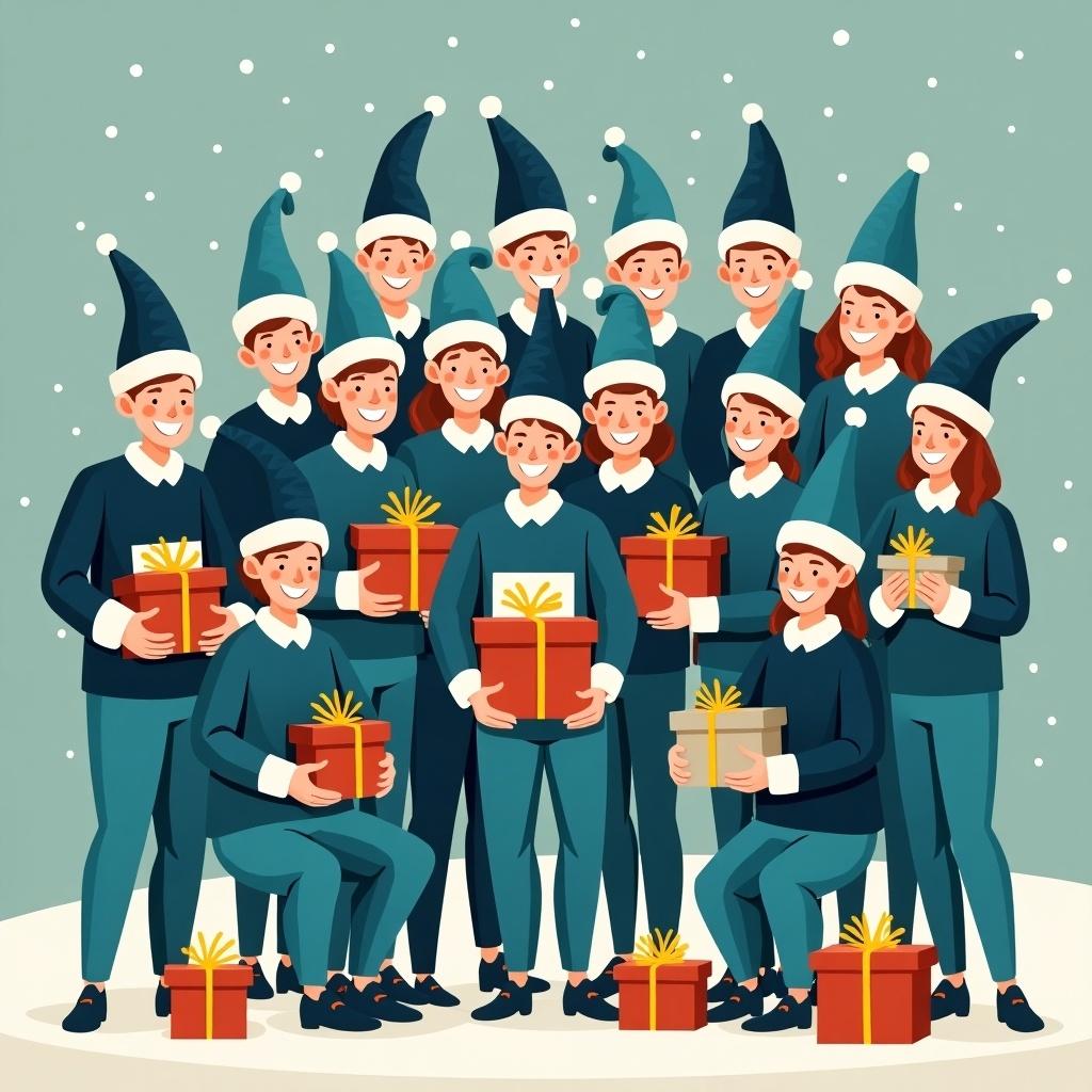 12 Christmas elves in Aqua and navy outfits wrapping up emails in special boxes. Group of elves holding gifts standing together. Snowflakes in the background create a festive atmosphere.