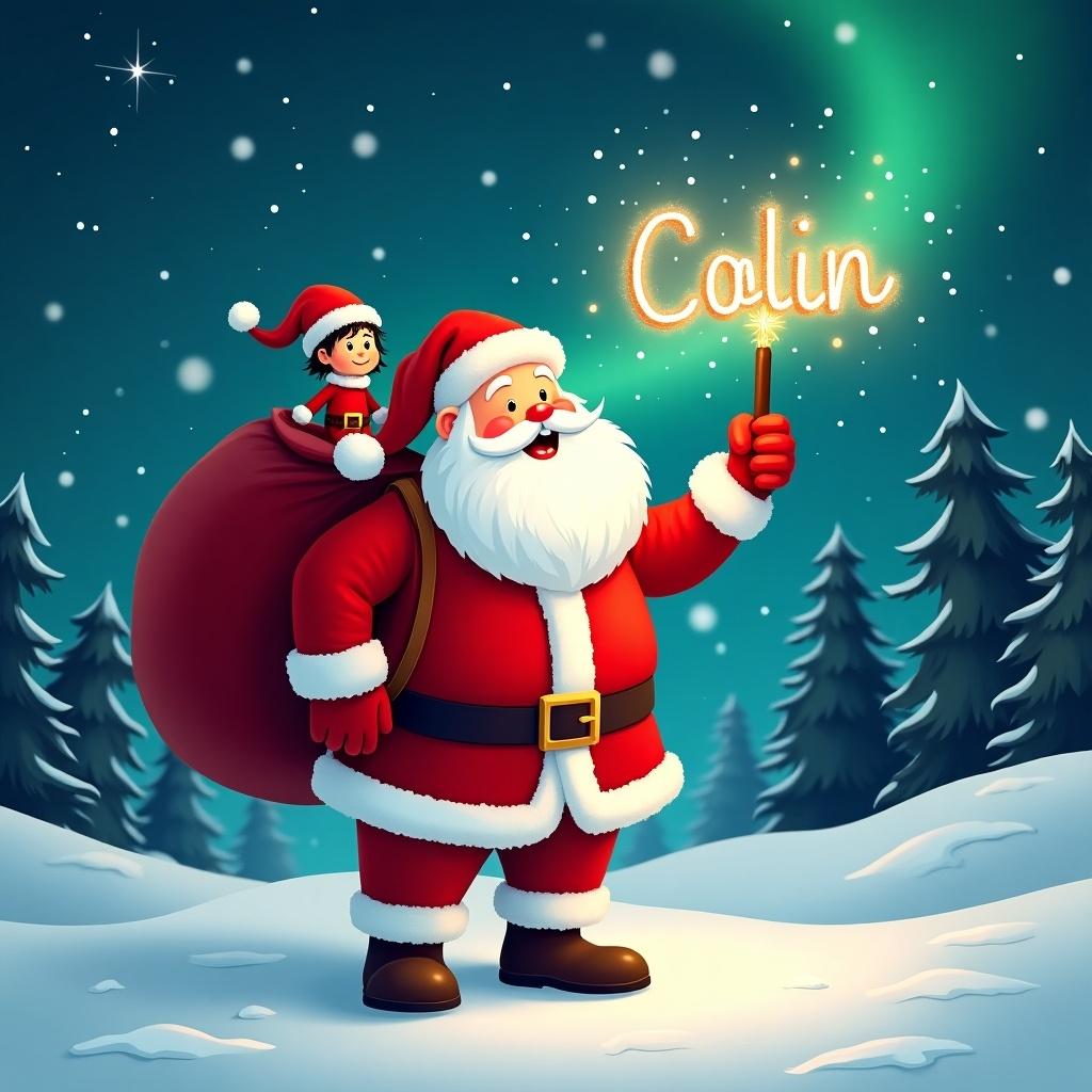 The image features a cheerful Santa Claus standing in a snowy landscape. He has a large red sack slung over his shoulder and is holding a sparkly wand writing the name Colin in the sky. Santa is dressed in his traditional red and white outfit, complete with a belt and boots. Behind him, the night sky is illuminated with twinkling stars and the northern lights. Pine trees dot the snowy ground, encapsulating a festive winter atmosphere. An elf scout is perched on Santa’s shoulder, adding to the whimsical charm of the scene.