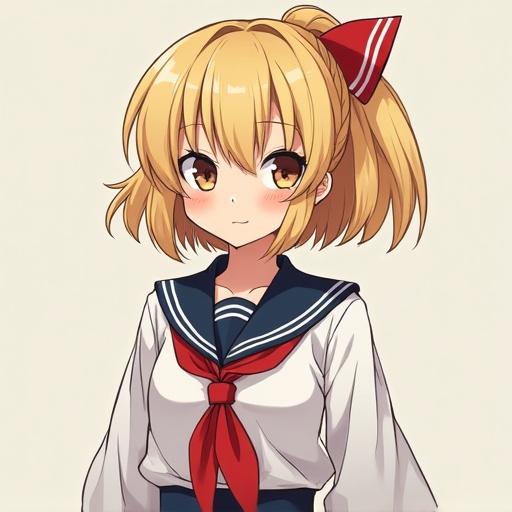 Blonde girl wearing a Japanese school uniform with a red bow. Inspired by a specific art style.