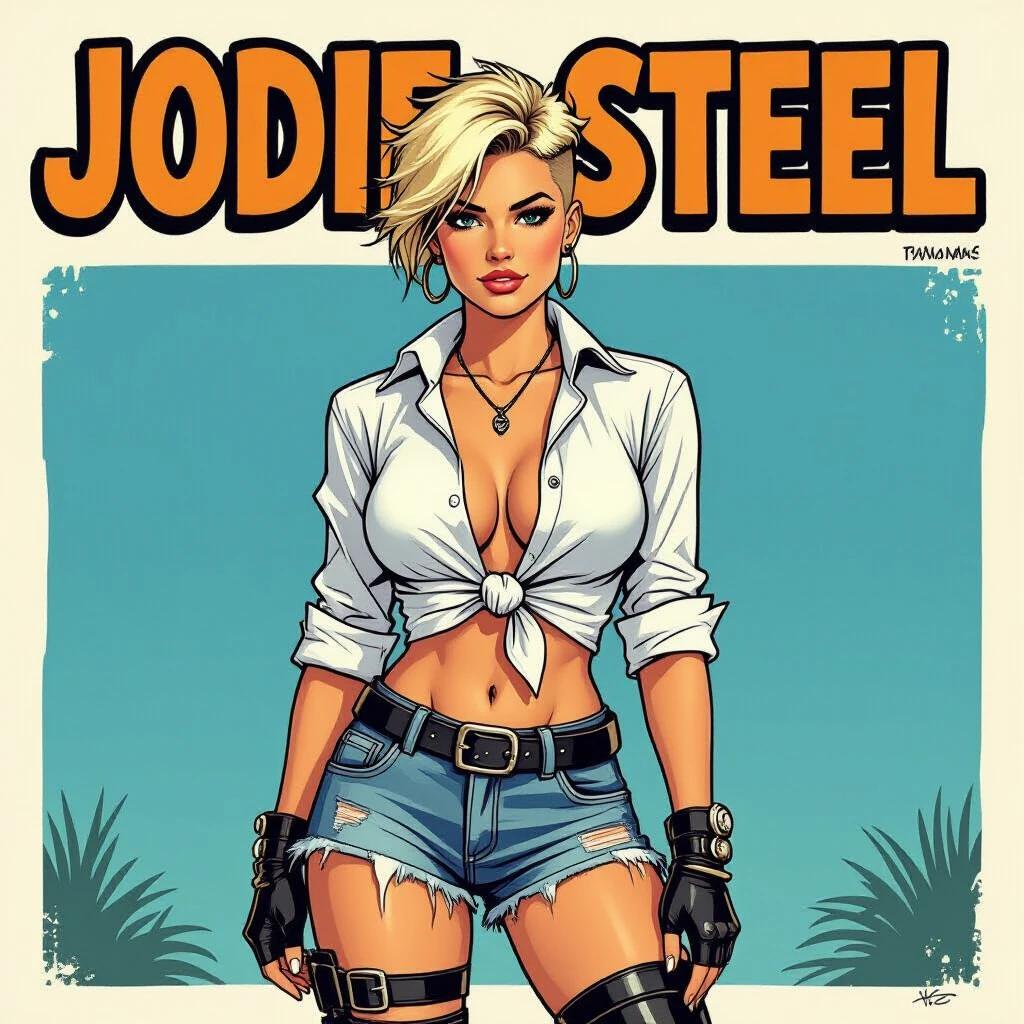 Comic style image of a girl named Jodie Steel. She is confident and young with straw-blonde hair. She wears a knotted white shirt and denim shorts. The shirt is unbuttoned and the sleeves are rolled up. Her shorts are ripped and faded. She has stylish black motorcycle boots. Her hair is short and tousled with a punk cut. The image shows her from the side.