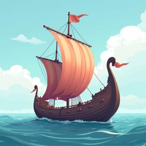 Illustration of a Viking ship. No water scenery. Solid color style. No lighting or shadows. 2D vector art. Matte finish. Clean lines and no gradients. Full ship visible in a wide shot.