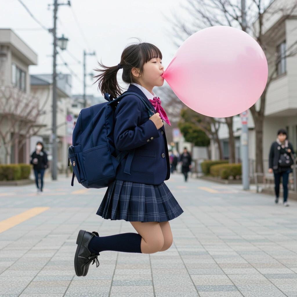 Young Japanese schoolgirl wearing a backpack. She is blowing a large pink bubble. She is jumping with her feet off the ground. The scene shows a school environment.