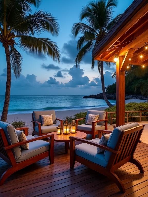 Tropical beachfront deck lounge at twilight with comfortable furniture designed for relaxation by the sea. Four lounge chairs with dusty blue cushions and warm wood frames. Small round coffee table with decorative lanterns. Soft lighting creates a cozy atmosphere. Surrounded by palm trees and ocean.