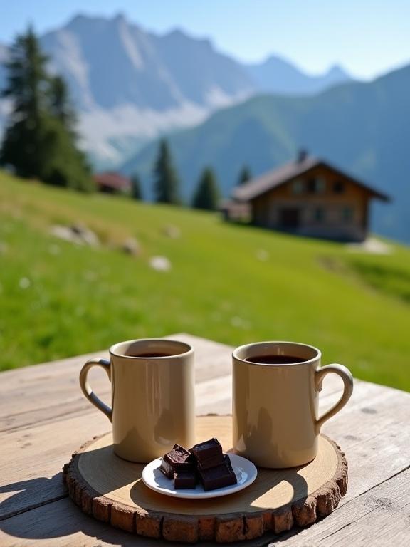 Image captures serene mountain landscape with rustic wooden table. Two mugs filled with coffee and a plate of chocolate shown. Mugs are light beige color with simple shape. Chocolates are small, dark brown squares. Table is weathered wood with visible grain. Background features rolling green hills, wooden cabin, and towering mountains. Clear blue sky creates tranquil atmosphere.