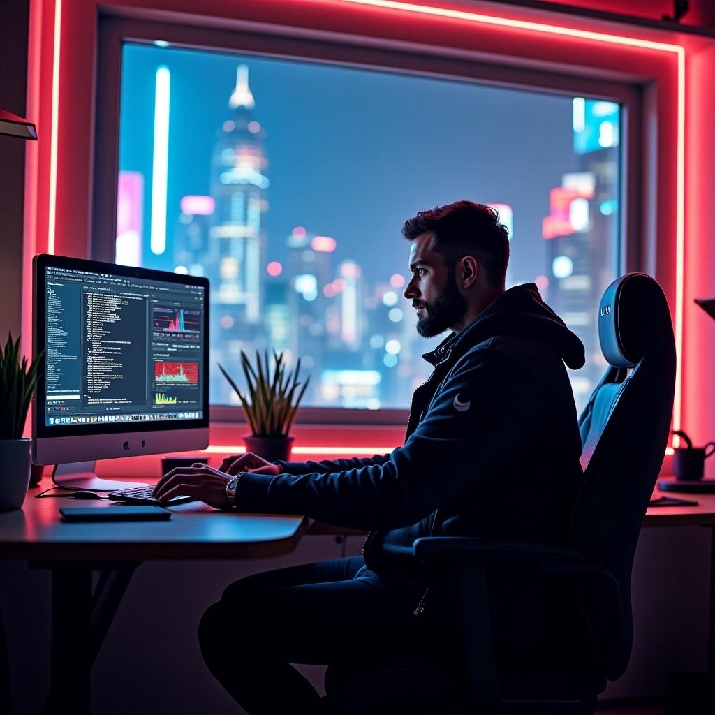 A man sits at a computer in a dimly lit room. Neon lights illuminate the workspace. The city skyline is visible through the window at night. An urban atmosphere enhances the cyberpunk theme.