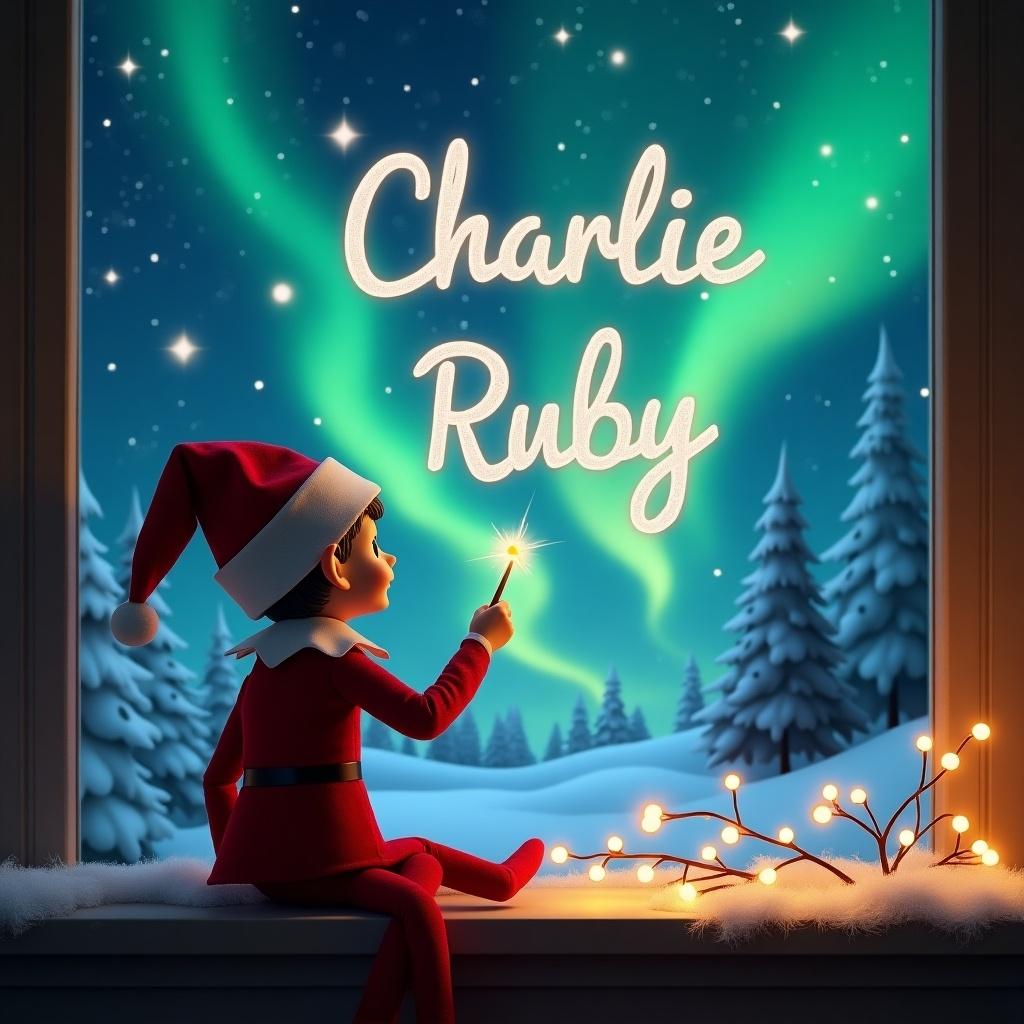 This image features an elf sitting on a windowsill with his back to the viewer. The elf is facing a breathtaking view of the northern lights in the night sky. He holds a magic wand, using it to elegantly write the names 'Charlie' and 'Ruby' in glowing script against the backdrop of the magical sky. Snow-covered trees are visible outside, adding to the wintery charm of the scene. The ambiance is festive and enchanting, perfect for the holiday season.