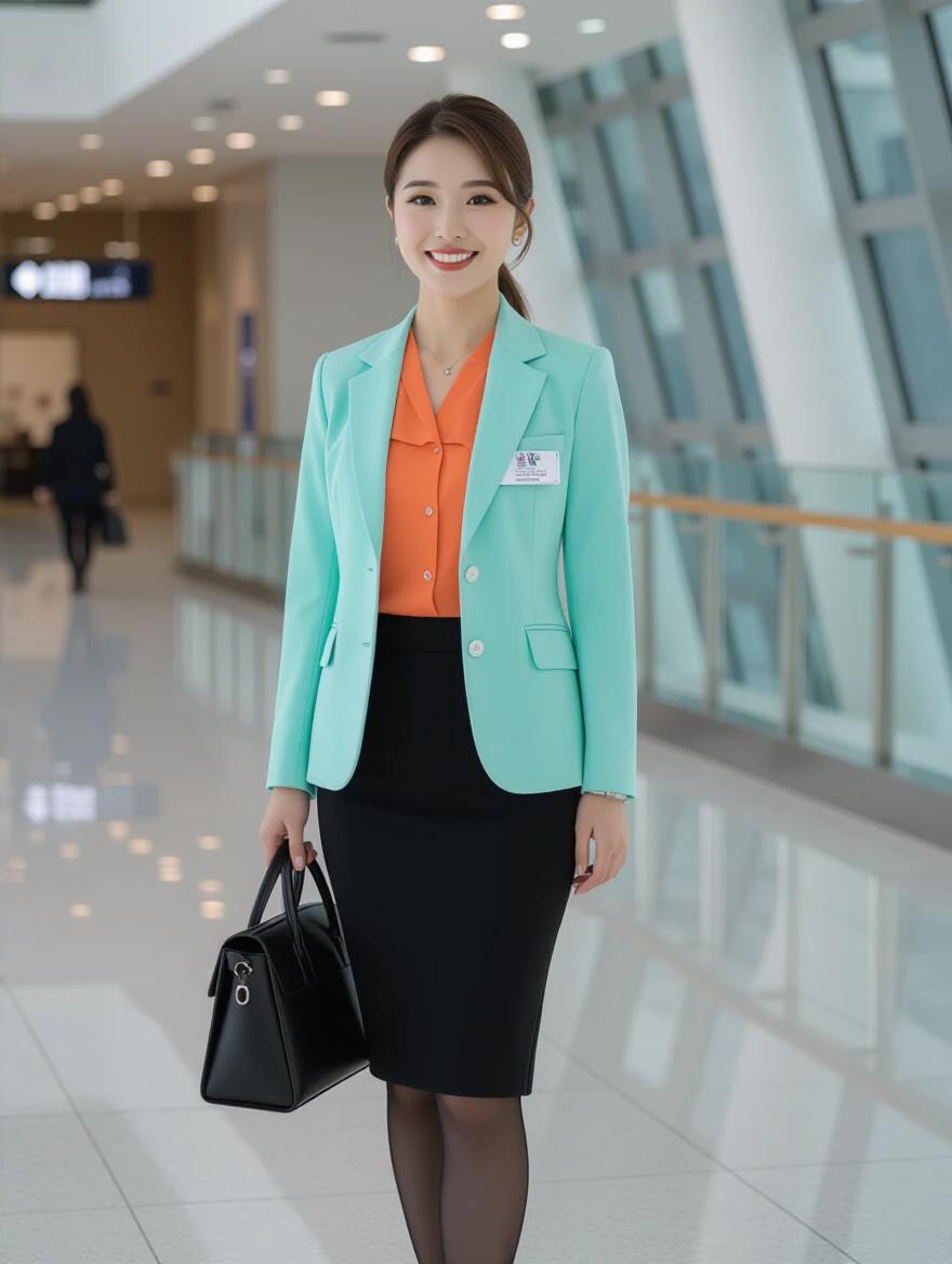 Model posed in airport terminal. She wears a mint-green blazer over an apricot mandarin-collar blouse and black pencil skirt. Black pantyhose and low-heel pumps complete her look. Black hair in a neat bun. Light makeup enhances her youthful appearance. Silver name tag on blazer and lanyard holds ID badge. A dark-grey-gingham scarf is tied around her blouse collar. A dark-grey satchel rests at her side.