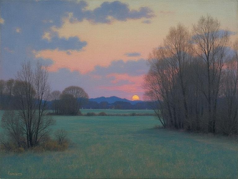A tranquil landscape scene depicting a late spring evening. The sun sets on the horizon in soft hues. Lush grassy fields stretch outwards under a twilight sky. Silhouettes of trees frame the scene, adding depth to the composition.
