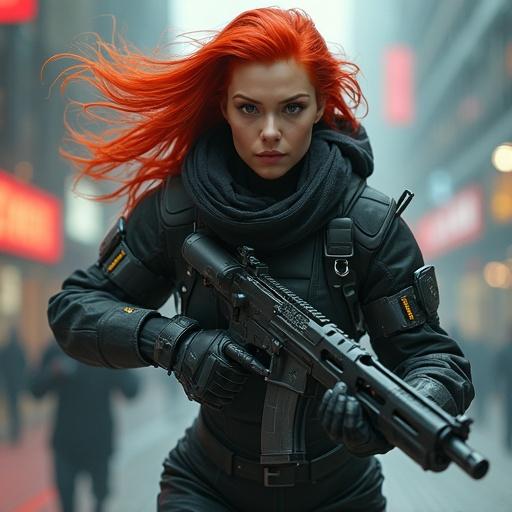 Photorealistic portrait of a female android leader in a cyberpunk city. She has red hair and is running with a futuristic gun. The scene is detailed with cinematic lighting and inspired by modern artistic techniques.