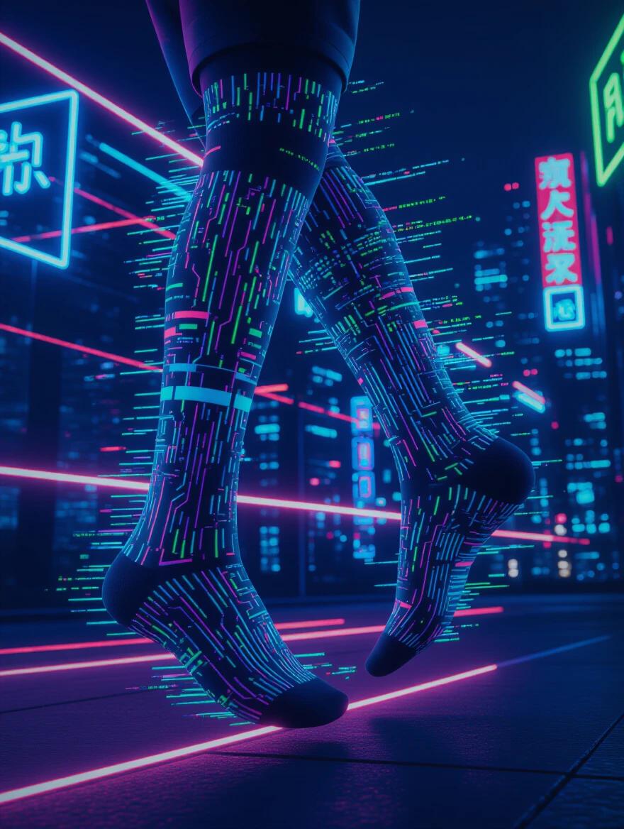A cyberpunk action shot features compression socks during a nighttime parkour run. The socks display malfunctioning digital glitch patterns. They show pixelated fragments and RGB color separation. Holographic interference patterns flicker. Neon circuit board traces run along the seams. Error messages in coding languages scroll across the fabric. Electric cyan, magenta, and lime green create digital artifacts. A runner leaps between illuminated urban structures. Motion blur creates light trails. Neon signs and LED screens echo the glitch aesthetic. The socks phase in and out of reality. High-speed photography captures motion and digital effects. Futuristic cyberpunk aesthetic celebrates beautiful failures.