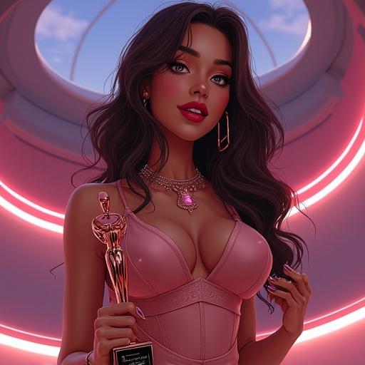 Character is a 30-year-old woman. She is tall with long dark brown hair and silver eyes. Dressed in a sheer sexy dress. Surrounded by a luxurious music awards stage. Happy expression holding an award.