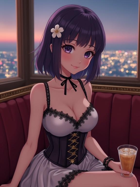 A vertical scene in a cozy high-rise lounge. An anime-style young woman is seated on a plush velvet sofa. She has dark violet hair with a white flower hairpin. Her eyes are deep dark violet, smiling softly. She wears a light satin top with black lace, a dark corset belt, and a matching skirt. A ribbon is around her neck. She has a bracelet on her wrist. A clear glass with a light brown drink is on the sofa. The background shows city lights through large windows. The palette is soft and warm. There is a slight vintage filter applied.