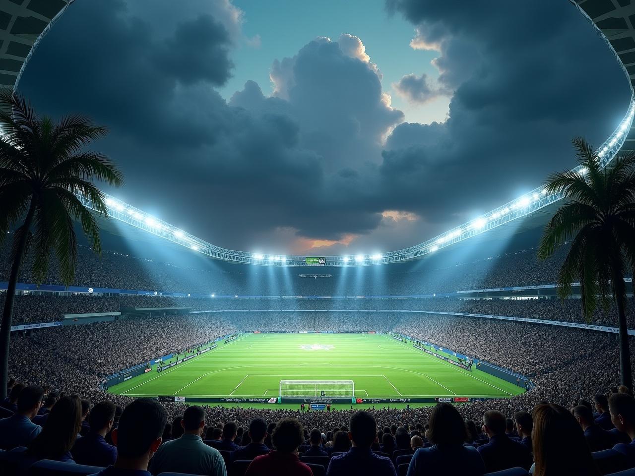 The image depicts a large stadium surrounded by lush palm trees under a dramatic sky. The stadium is well-lit, indicating an event is taking place, with a football field visible in front of a roaring crowd. The atmosphere is vibrant with a mix of artificial lights and natural beauty. Dark clouds loom overhead but light breaks through, adding a mystical effect. The stadium appears modern with a sleek design, and the audience is lively, suggesting excitement and anticipation.