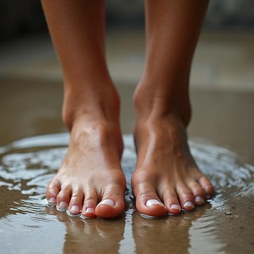 Close-up image of two sweaty feet in shallow water. Focus on the skin texture and toes. Natural surroundings enhance the relaxation feel.