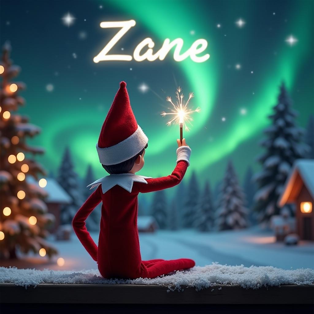 The image depicts a charming Christmas scene with an elf on the shelf. The elf is dressed in a classic red and white outfit, facing the vibrant northern lights. He holds a magic wand, creating the name 'Zane' in glowing script above him. The background features snow-covered trees and cozy cabins, enhancing the holiday atmosphere. This enchanting setup captures the essence of Christmas wonder and joy, making it perfect for festive illustrations and decorations.