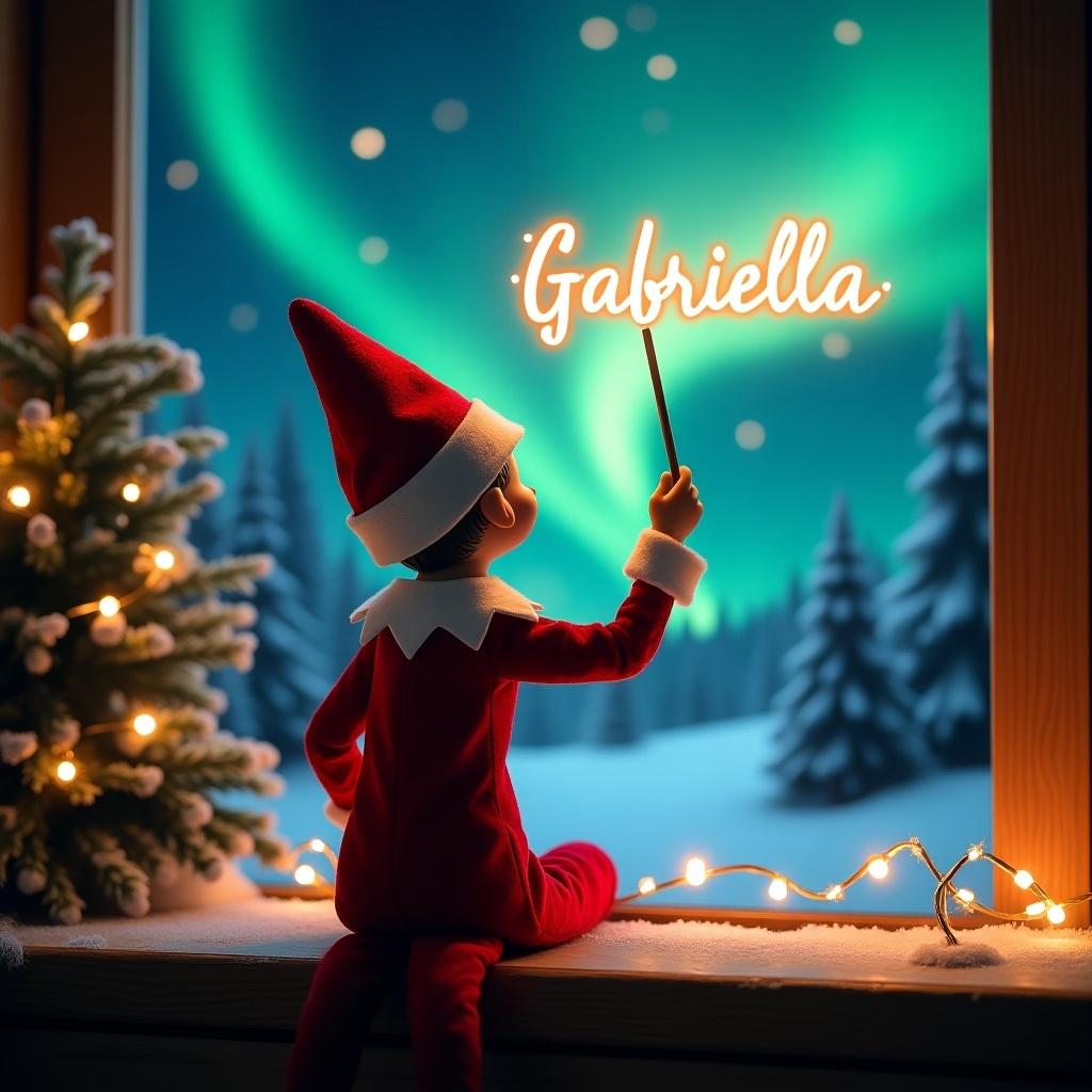 This image captures an enchanting Christmas scene featuring an elf on the shelf. The elf, dressed in a classic red and white outfit, is positioned facing the northern lights, writing 'Gabriella' in a glowing script. The cozy window setting includes a decorated Christmas tree, with soft lights providing a warm ambiance. The vibrant colors of the northern lights add to the magical atmosphere, creating a sense of wonder. This portrayal embodies the spirit of Christmas, blending whimsy and excitement, perfect for holiday festivities.