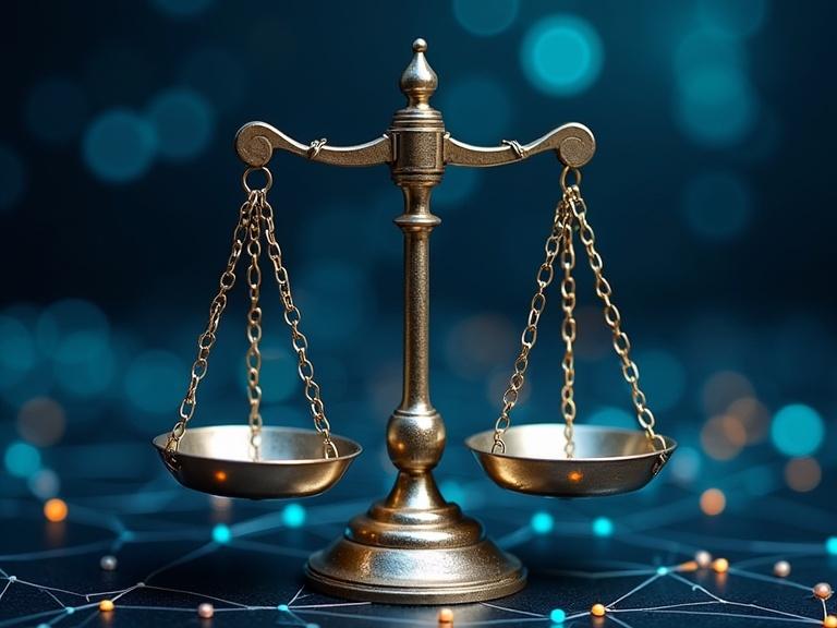 Image depicts scales of justice representing AI and algorithmic fairness and bias. Background features connections representing AI technology.