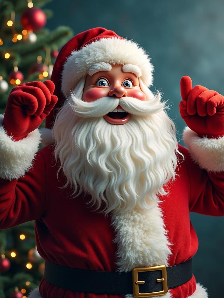 Father Christmas is smiling with hands raised. He has multiple arms and unique facial features. The background features a Christmas tree with lights.