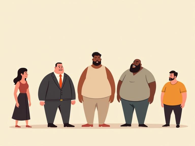 Illustration of diverse human characters with abstract body types. Characters include fat, chubby, stocky, round, pear-shaped, and thick-set alongside slim, tall, squat, and lanky. Exaggerated silhouettes with long limbs and rounded torsos. Simplified clothing in muted colors. Clean shapes and playful postures.