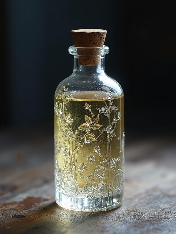 Glass bottle with floral engravings filled with yellow liquid. Cork stopper. Woodcut and astral design styles.