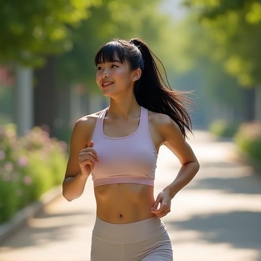 Ultra-realistic portrait of a young woman jogging. She has porcelain fair skin and a healthy glow. Long black hair is in a ponytail. She wears a light sleeveless crop top in pastel color and high-waisted running shorts. Her toned legs and waist are elegantly outlined. She jogs on a sun-dappled tree-lined path with greens and flowers in the background.