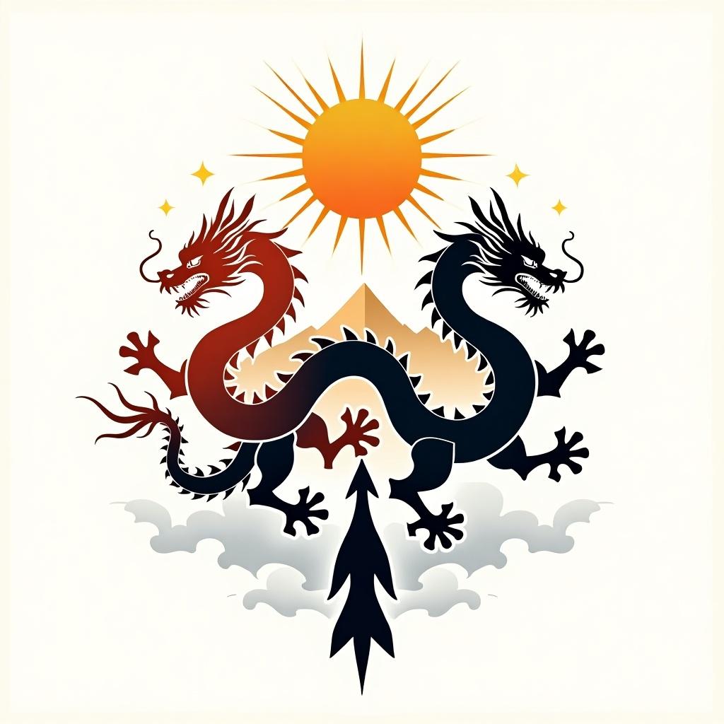 This image depicts a family crest featuring four distinct elements that symbolize strength and nature. At the top, there is a bright sun radiating golden rays, representing vitality and life. Two majestic Chinese dragons, one black and one red, intertwine below the sun, showcasing harmony and balance. A mountain sits in the background, symbolizing stability and resilience. An arrow is present, pointing upwards, indicating direction and ambition. The overall design is bold and colorful, integrating these significant elements in a harmonious way.