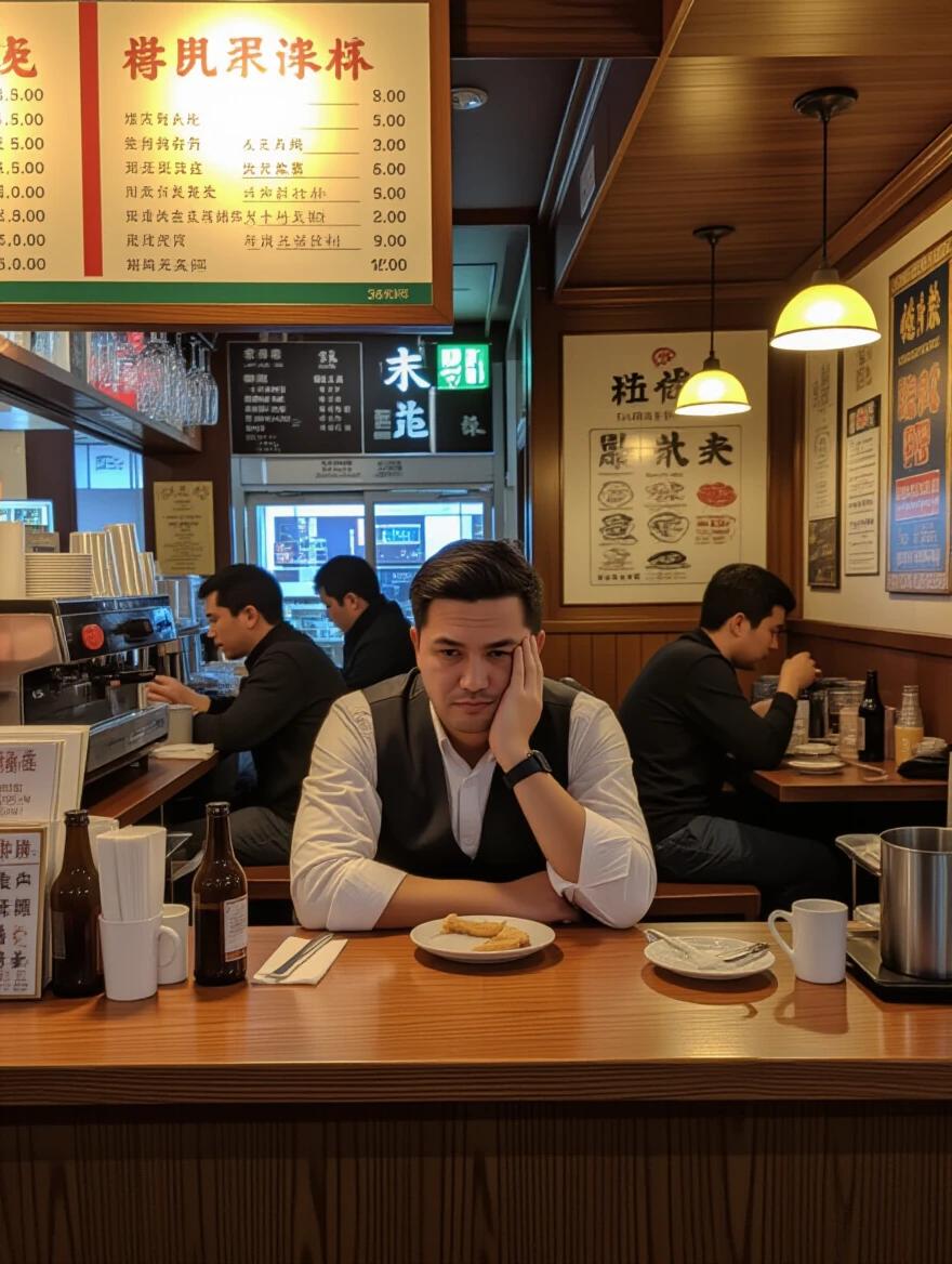 A tired man sits behind a crowded restaurant counter at midnight. Counters filled with food items. A warm restaurant atmosphere with people dining. A quiet yet busy evening. Soft lighting creates a cozy feeling.