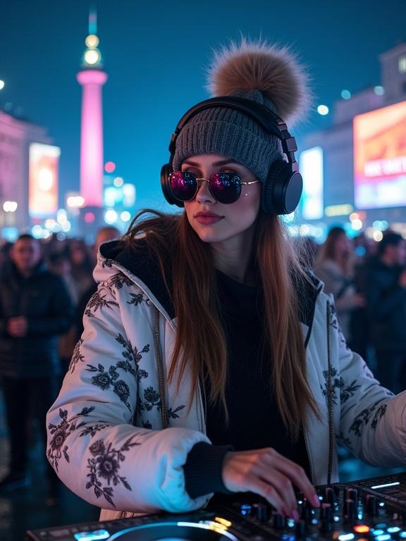 Photorealistic portrait of female DJ at nighttime urban event. She wears white floral jacket, black accents, fluffy beanie, oversized sunglasses. Large black headphones on head. Background shows bustling city square with illuminated buildings, tall monument, neon-lit billboard. Lighting is cold and atmospheric, blue tones from streetlights. Cinematic depth with rich colors and subtle grain.