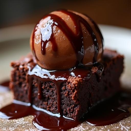 Extreme close-up of a brownie topped with chocolate ice cream. Brownie is moist and richly textured. Chocolate ice cream has glossy finish and is dripping with hot chocolate sauce. Professional food photography emphasizes vibrant colors and detail.
