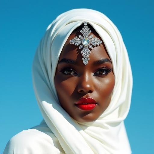 Photorealistic portrait of a woman with dark skin and striking features. Elegant white headscarf with diamond embellishments and large cross on forehead. Bold red lipstick and meticulous makeup. Deep blue sky in background. Bright natural lighting highlights textures and details. Text overlay: "GEM Helena" in bold font. Kodak Portra 400 film style.