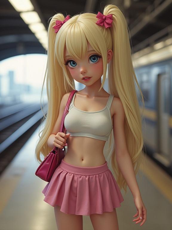 Teen youth at a train station. Blonde hair styled in twin tails with pink bows. Wearing a micro skirt that is reminiscent of a tiny strip of fabric. Flirty smile with a fun pose. Carrying a purse. Cellphone photo quality with low resolution. Over-saturated colors with a vintage aesthetic.