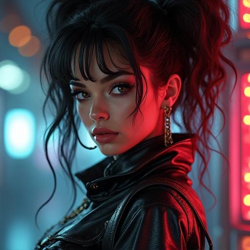 A very attractive curvy woman in a cyberpunk setting. She has large breasts and pronounced hips, styled hair with dramatic layers and vibrant makeup, dressed in a leather jacket. Background features neon lighting.