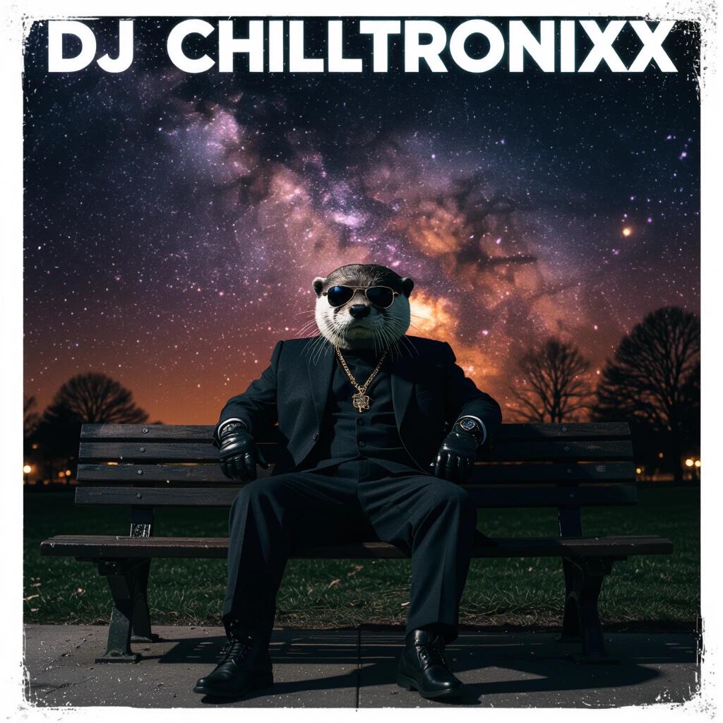 A stylish otter person wearing gloves and sunglasses sits on a park bench. The setting is at night under a vast nebula sky full of stars. The atmosphere has a dark and eerie vibe. The text DJ Chilltronixx is displayed prominently. The overall look is artistic and fits a music album cover concept.