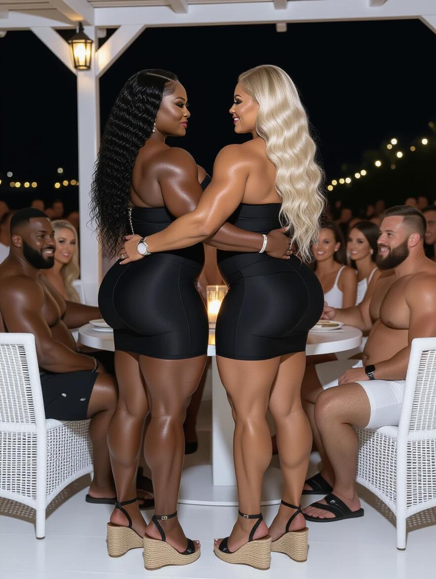 Two bodybuilder women embrace each other. They have massive thighs and are identical in height. One has black curly hair and dark skin. The other has blonde wavy hair and light skin. Both wear black bandage dresses and high heels. The setting is a crowded Mykonos nightclub at night with warm ambient lighting. They are surrounded by seated patrons who look astonished.