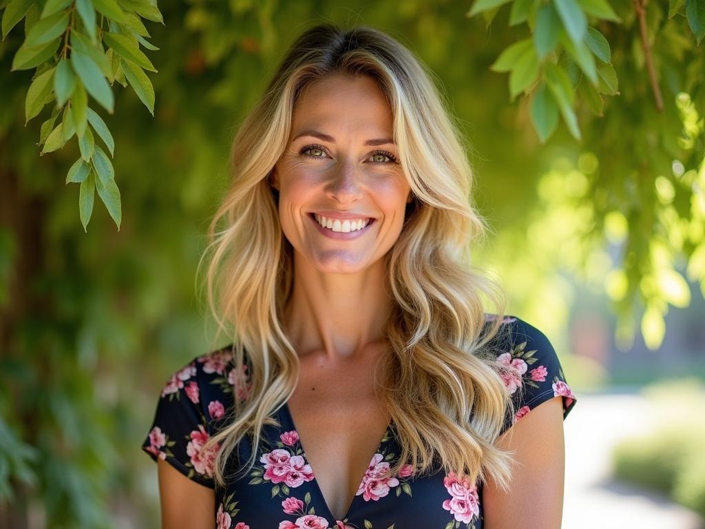 A woman with long, wavy blonde hair and a fair skin tone is smiling in the foreground. She is wearing a floral-patterned dress with short sleeves, featuring pink and white flowers on a dark background. The background consists of lush green leaves hanging overhead, creating a natural and vibrant setting. The lighting is bright and warm, suggesting a sunny day, with soft shadows enhancing the depth of the scene.