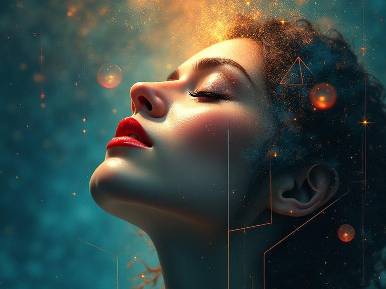 The image shows an abstract representation of a human face tilted upward with closed eyes and vibrant red lips. The face has geometric shapes overlaid like triangles and lines giving depth. The background features deep blue and orange hues with glowing orbs and star-like specks creating a cosmic atmosphere. Soft light rays and translucent layers add an ethereal feel.