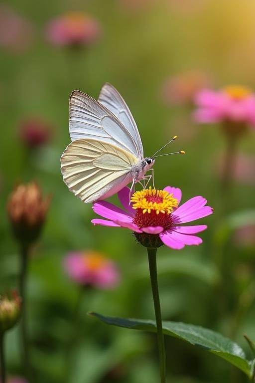 Butterfly rests on flower in sunlight. White and pink colors dominate the scene. Garden backdrop with blurred floral details. Butterfly wings spread gracefully. Nature's beauty captured in vibrant colors.